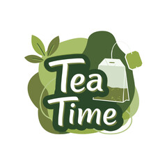 Vector illustration of a "Tea Time" logo featuring a tea bag, green leaves, and bold lettering in a modern minimalist design. Perfect for tea promotion, café branding, packaging, stickers, or digital 