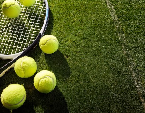 tennis racket with balls on green grass court - Powered by Adobe