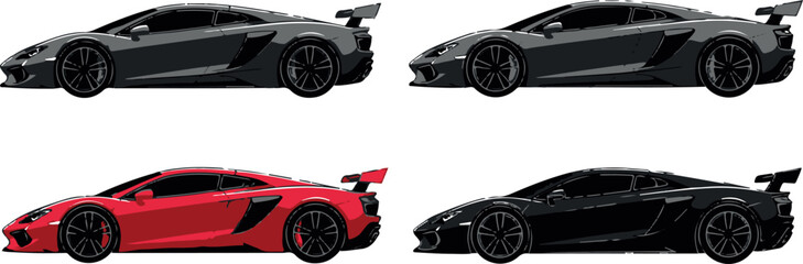 Vector Illustration Set of Dynamic Sports Cars with Rear Wing