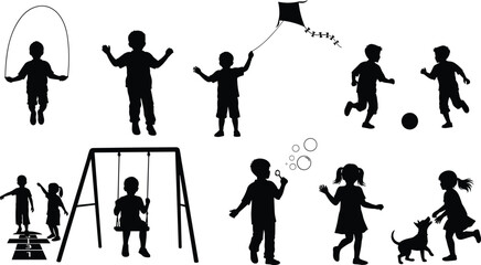 Children silhouettes playing outdoors, jumping rope, flying kite, riding bicycle, blowing bubbles, swinging, seesaw fun, active kids, outdoor recreation