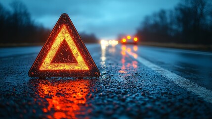 A reflective warning triangle stands on a wet road as cars pass by in the evening rain, ensuring safety