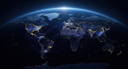 A world map with glowing cities and a bright light source, set against a dark blue and black background.
