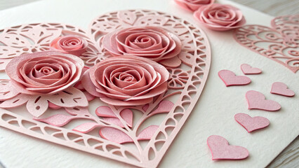 Fototapeta premium Delicate pink paper cut roses and hearts on layered anniversary card background, showcasing intricate floral and heart shaped designs