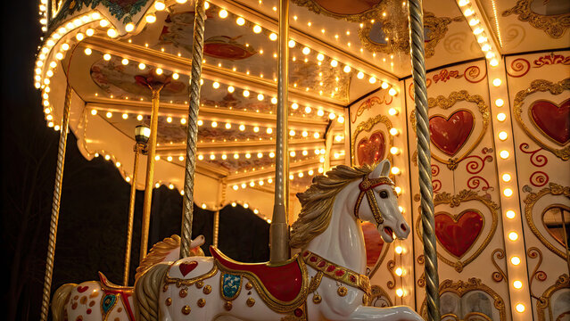 Romantic carousel with ornate horses and heart decorations illuminated at night, evoking nostalgic and magical atmosphere