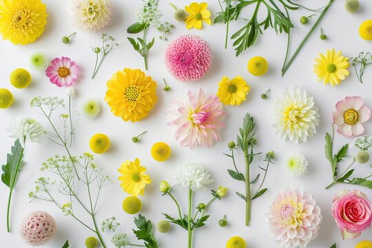 Assorted flowers arranged on white background, for cards, web design or print - Powered by Adobe