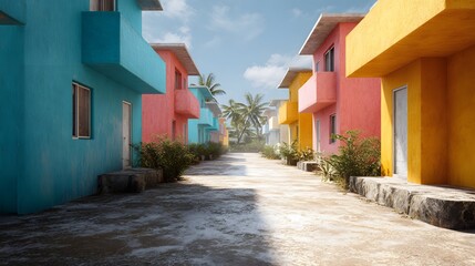 A vibrant street scene featuring brightly colored residential buildings with tropical palm trees in the background under a clear sky