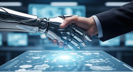 A robotic hand shaking another hand on a digital screen with a glowing interface.