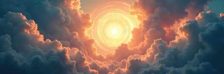 A majestic, ethereal light emanating from swirling clouds, symbolizing divine power and the presence of a higher being , clouds, spiritual