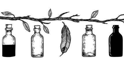 Hand drawn bottles and feather on branch