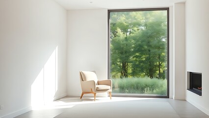 Fototapeta premium Sleek living room featuring a single chair by a large window, with natural light and blurred outdoor greenery.