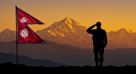 Soldier silhouette saluting at dramatic sunset, Nepal flag waving in the wind, patriotic holiday tribute, powerful symbolic scene
