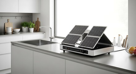 Modern waffle maker on a sleek kitchen countertop near a sink with natural light.