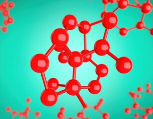 On green background red glossy molecular structure abstract scientific concept for chemistry and biotechnology modern research atmosphere