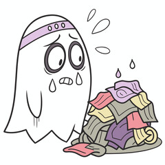 Fototapeta premium Sad Ghost with Laundry Pile Cartoon Illustration.