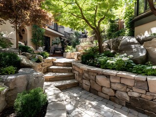 Fototapeta premium Beautifully designed garden with curved, multi-tiered retaining wall of stacked stone next to a paving stone path in dappled, peaceful sunlight.