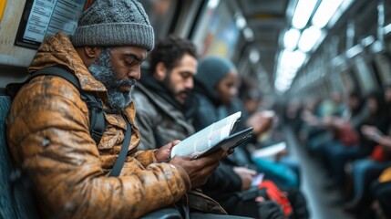 Commuters enjoy their ride on a subway train, each absorbed in their own world, with one man deeply engaged in reading