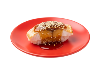 Teriyaki fish sushi piece sits on a vibrant red plate against a black background.
