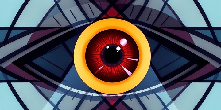 Abstract geometric eye pattern with intersecting lines and shapes, creating an optical illusion, illustration, color