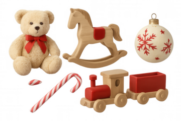 Christmas toys transparent background, teddy bear, rocking horse, wooden train, candy cane, holiday ornament