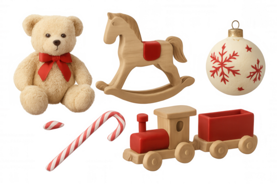Christmas toys transparent background, teddy bear, rocking horse, wooden train, candy cane, holiday ornament