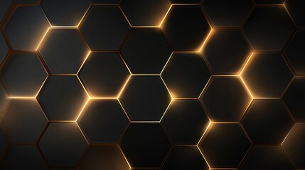 Abstract dark black background with glowing hexagon honeycomb pattern and golden light lines, high detail futuristic design wallpaper with illuminated geometric shapes and modern luxury vector illustr