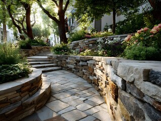 Beautifully designed garden with curved, multi-tiered retaining wall of stacked stone next to a paving stone path in dappled, peaceful sunlight.