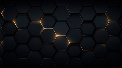 Abstract dark black background with glowing hexagon honeycomb pattern and golden light lines, high detail futuristic design wallpaper with illuminated geometric shapes and modern luxury vector illustr