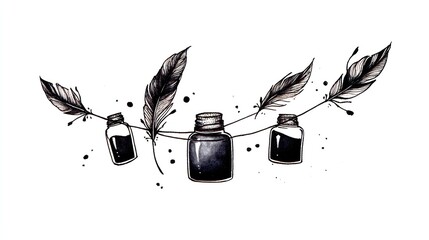 Ink bottles and feathers illustration