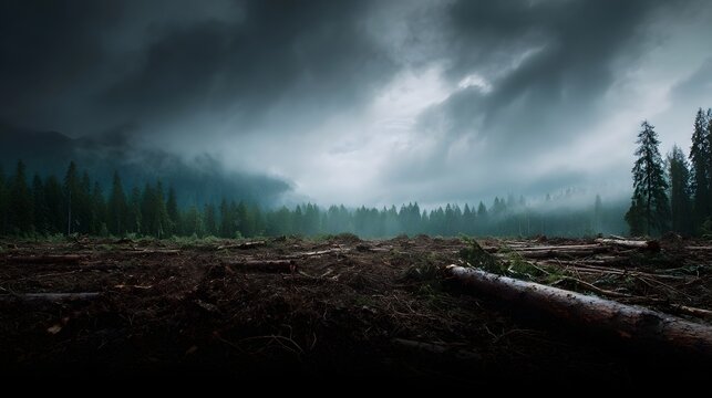 A stark deforested landscape under dark moody clouds littered with fallen trees and stumps - Powered by Adobe