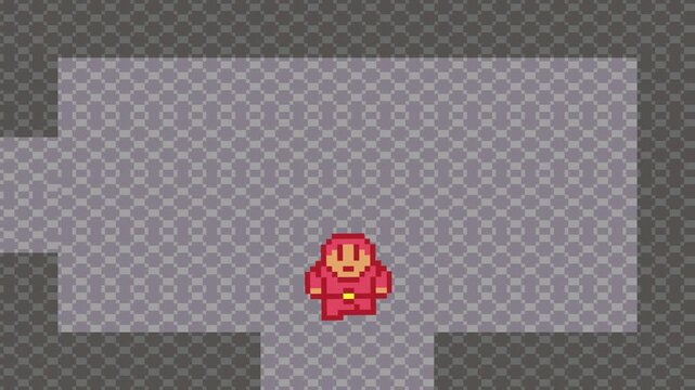 Animation of a fake old 16-bit game with a boy in red with a sword walking through the map and defeating a crab monster, pixel art.