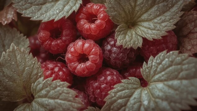 Vibrant ripe raspberries and foliage present a , organic arrangement with soft, muted colors and a naturalistic ambiance. - Powered by Adobe