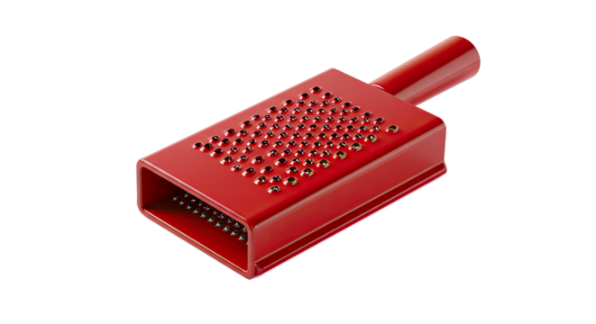 Small red handheld kitchen grater for cheese and spices.