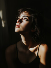 Cinematic chiaroscuro portrait with striking dramatic lighting, deep shadow contrast, and bold emotional presence, blending fine art and timeless visual storytelling
