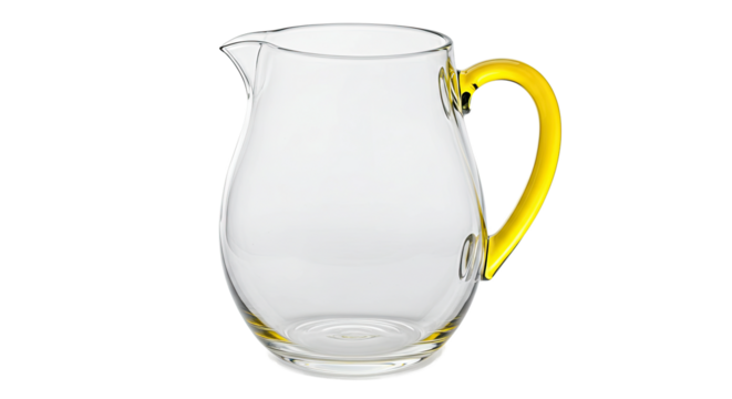 Transparent glass pitcher with a bright yellow handle.