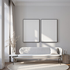 Obraz na płótnie Canvas Modern Living Room Poster Frame Mockup with Natural Light and Minimalist Decoration. 3D render.