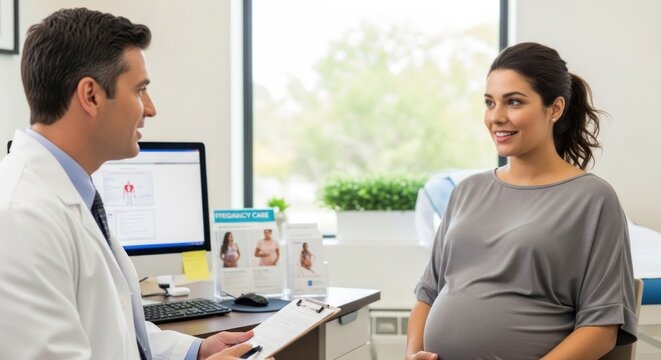 A doctor and a pregnant woman in a medical office.