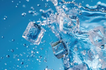 Ice Cubes Splash in Water, Abstract Background for Drink Ads or Refreshment Concepts