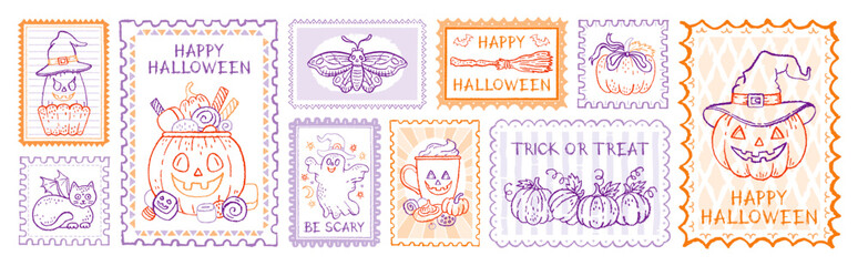 Halloween stamp. Vintage Halloween pumpkin postcard illustration. Vector autumn stamp pattern. Fall pumpkin bow, ghost skull, cat, broom frame poster. Cute postcard design background. Vintage cozy bg