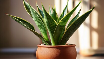 vibrant green sansevieria trifasciata in a terracotta pot closeup aesthetic life