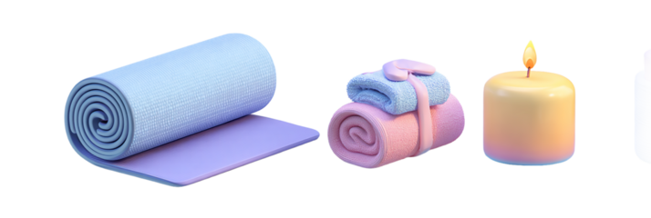 Still life of rolled towels and candles in pastel colors on  a isolated on transparent background
