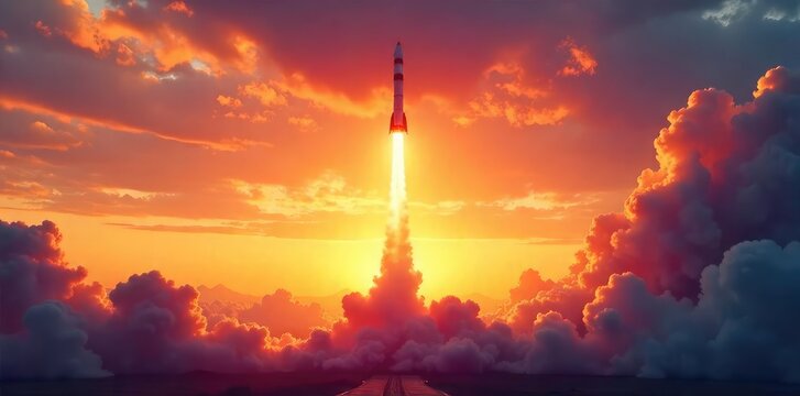A powerful rocket blasting off into a vibrant sunset sky, leaving a fiery trail behind  The image captures the thrill and excitement of rocketry , trail, night