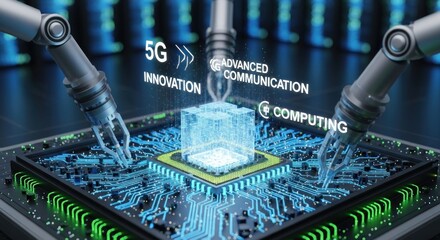 Robotic arms interacting with a computer chip, showcasing 5G and advanced communication technology.