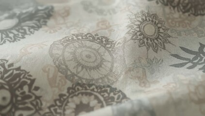 Detailed  captures a textured textile adorned with intricate floral and circular patterns, showcasing a blend of neutral tones, depth, and soft lighting for visual appeal