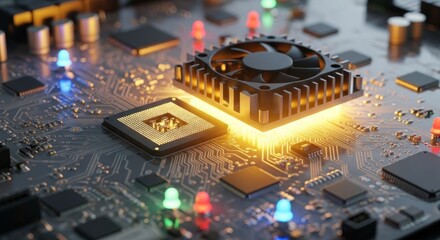 A glowing computer processor on a circuit board with colored lights.