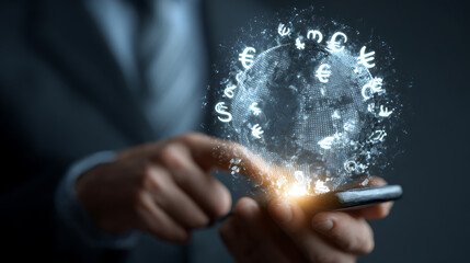 Person using smartphone with glowing globe of currency symbols and digital network mobile phone technology