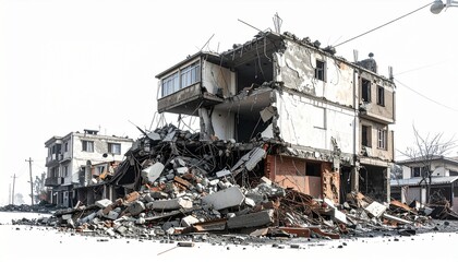 Aftermath of a devastating disaster showing a partially destroyed urban building with extensive rubble and debris, symbolizing structural collapse and urban decay