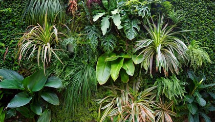lush vertical garden wall covered with different types of green foliage and plants plants background