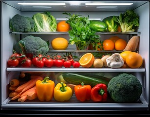 fresh vegetables and fruits are neatly organized in modern refrigerator showcasing variety of colors and healthy options