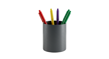 A dark gray cylindrical pen holder filled with colorful pens.