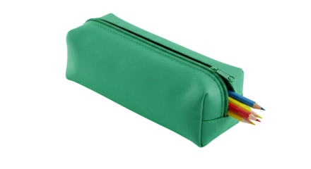 A green pencil case with colored pencils peeking out.